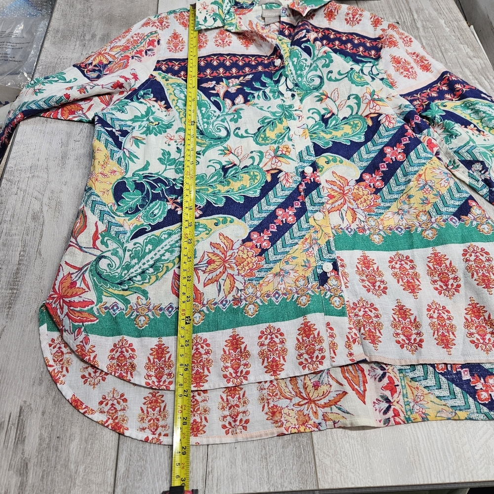Chico's No-Iron Linen Patchwork Print Button Up S… - image 8
